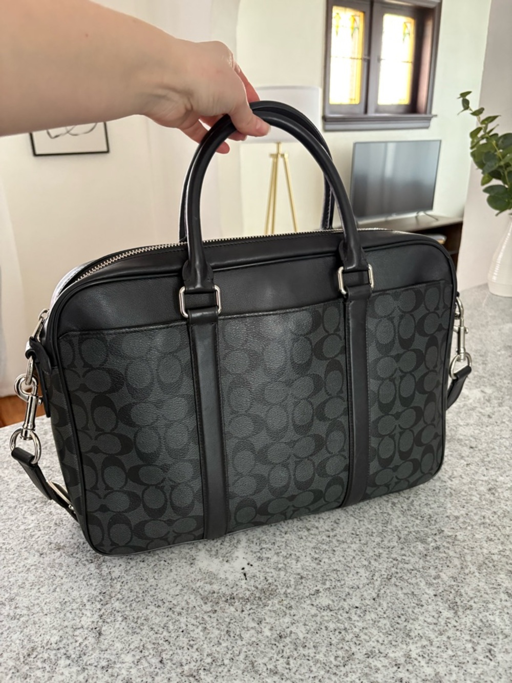 COACH Perry Slim briefcase in SIGNATURE charcoal black career messenger bag - Picture 5 of 16